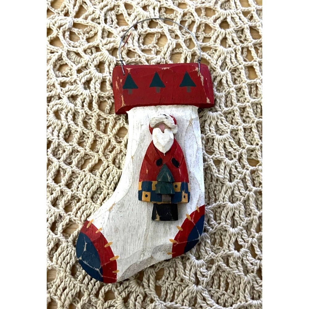 Vintage Rustic Christmas Wooden Stocking Ornament W/Santa Signed